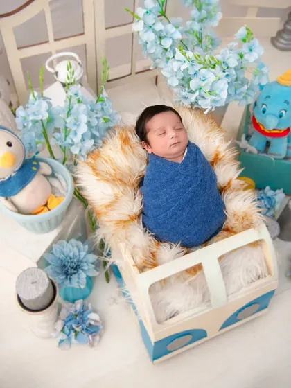 A newborn sleeps soundly in a miniature wooden van, surrounded by a soft blue color palette and charming elephant toys. This setup demonstrates our creative approach to themed photography, where we build a whimsical and safe world around your baby.