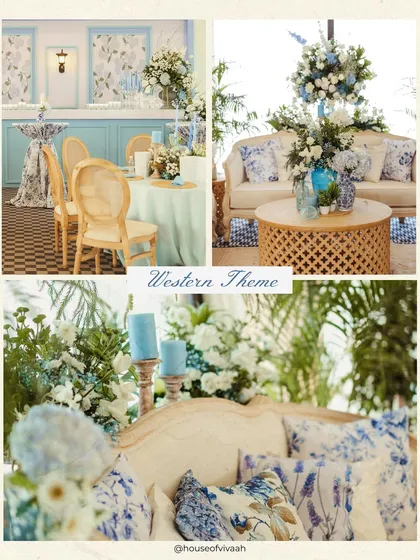 A "Western Theme" moodboard, featuring a sophisticated blue and white palette, chinoiserie patterns on cushions and fabrics, and elegant floral arrangements for a classic, refined look.