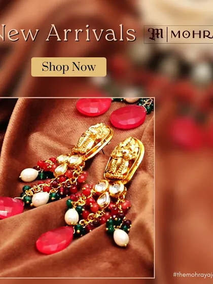 A graphic showcasing our new arrivals, including these beautiful temple-style earrings with red and green beads.