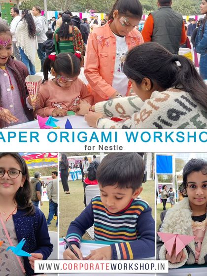A collage capturing the joy and concentration of kids engaged in our origami workshop. We believe in learning through play, and our workshops are a testament to that philosophy.