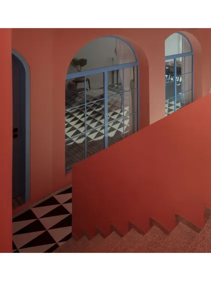 This perspective of the Baia Villas staircase and veranda highlights the layered geometry of the design. The interplay of lines, arches, and the bold color palette creates a dynamic spatial experience.