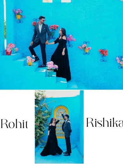The vibrant blue walls of this set create a stunning and unique backdrop for a modern and stylish pre-wedding photoshoot.