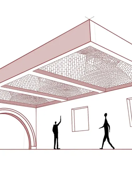 A 3D sketch illustrating the concept for a meditation hall ceiling. We use these renderings to explore how structural systems like Mexican brick domes can create an embracing, harmonious interior space before construction begins.
