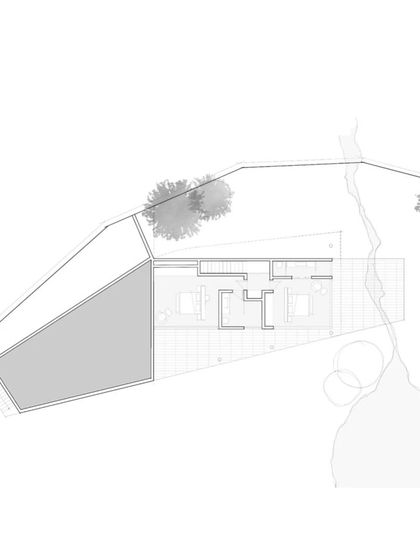 The upper floor plan for the Bengorm Estate home, showing the placement of bedrooms and a large terrace oriented towards the view.