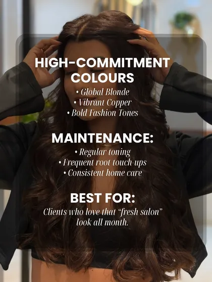 For clients who love that fresh salon look all month, we recommend high-commitment colors. Global blonde and vibrant copper require regular toning and touch-ups but deliver a consistently bold look.