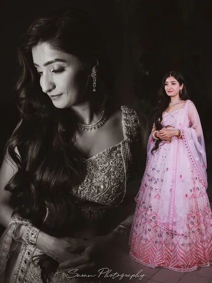 A double-exposure style portrait of the bride in her pink engagement lehenga, combining color and monochrome.