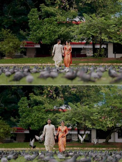 A creative composition showing the couple walking through a field of pigeons, adding a dynamic and unique element to their wedding portraits.