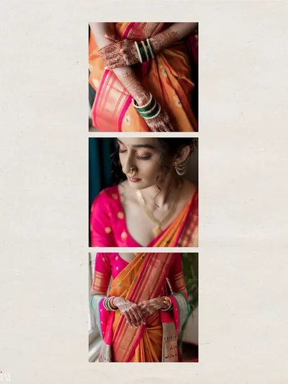 A triptych focusing on the details of the bride's attire. It features close-ups of her henna-adorned hands with green bangles, her delicate nath, and the beautiful border of her saree.
