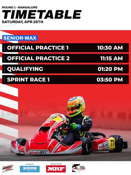The Saturday timetable for the Senior Max class at Round 1 of the Meco Meritus Cup.
