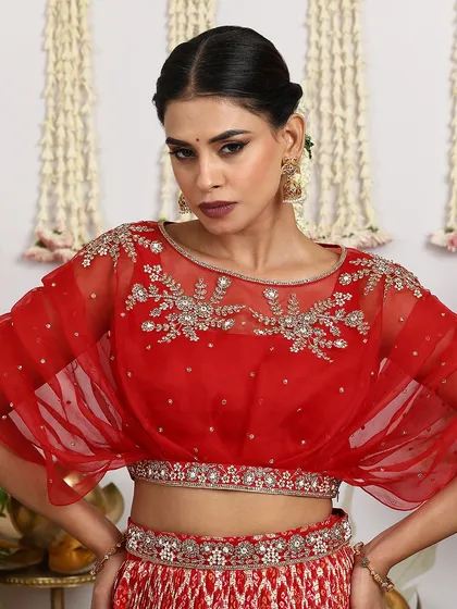 A close-up of the red organza cape blouse, highlighting the delicate pearl and sequin embroidery on the neckline.