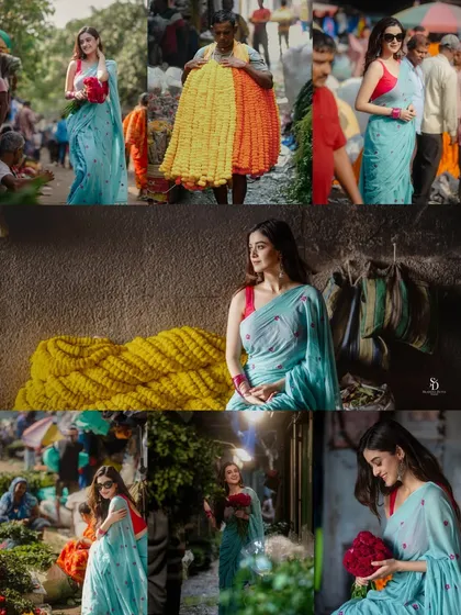 A comprehensive collage from the flower market shoot. It shows multiple scenes and moods, from walking through the crowds to sitting amongst the marigold garlands, telling a complete visual story.