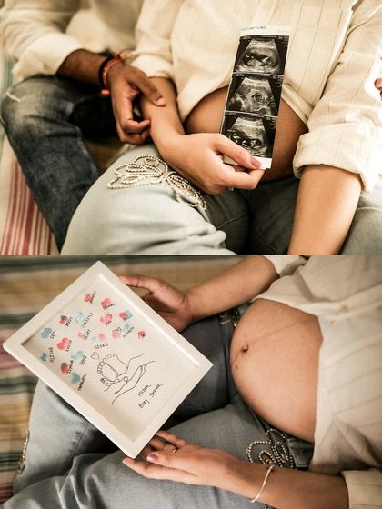 A collage showing close-ups of the sonogram and a framed drawing of baby feet, both held over the baby bump. It highlights the artistic and personal touches of the journey.