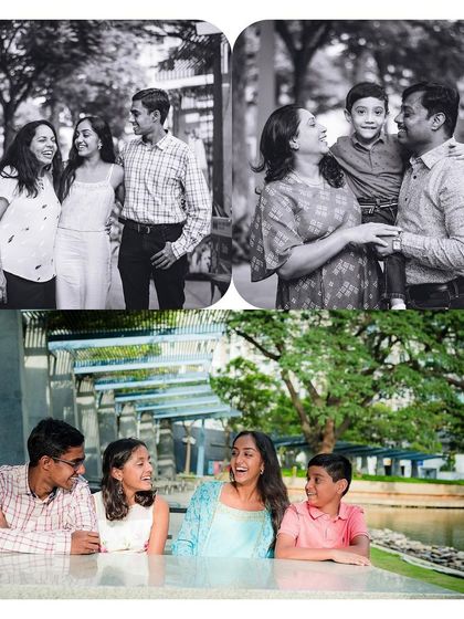 A collage of a family enjoying their time together, with a mix of black and white and color photos showing their interactions.