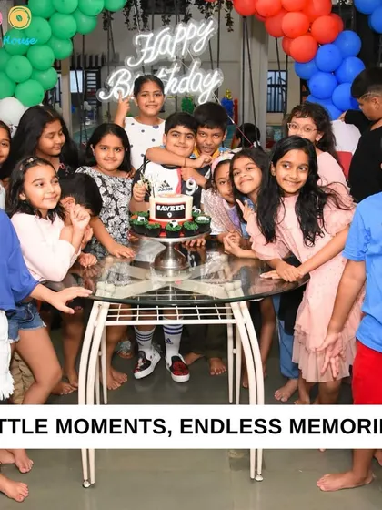 Little moments create endless memories. A group of happy kids posing for a photo after a fun-filled birthday celebration, capturing the friendships and fun that happen here.