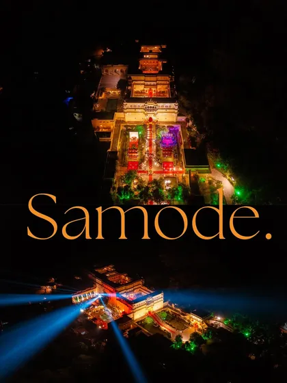 Using drones, I capture the epic scale of your wedding venue. This aerial shot of the Samode Palace at night showcases the magnificent lighting and grandeur of a destination wedding, setting a truly cinematic scene.