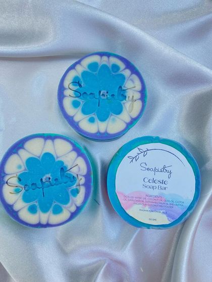 The "Celeste" soap bar, with a beautiful blue floral pattern.