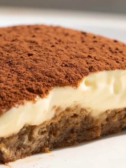 A macro shot of the tiramisu, focusing on the creamy mascarpone layer and the dusting of cocoa powder.