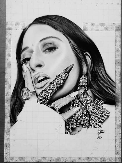 This is the 98-hour process of drawing Raja Kumari. The progress shots highlight the extreme detail in her jewelry and the challenge of rendering different textures.