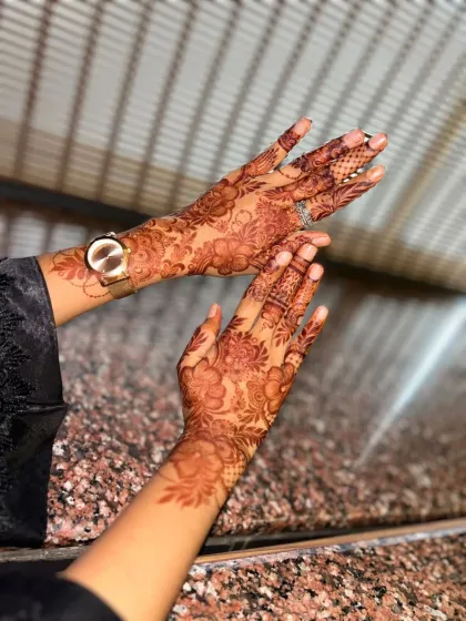 A beautiful shot of a floral henna stain, showing the rich color and intricate details.