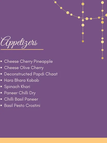 More appetizer options to get your party started. This list includes classics like Paneer Chilli Dry and Hara Bhara Kabab, alongside modern favorites like Basil Pesto Crostini.