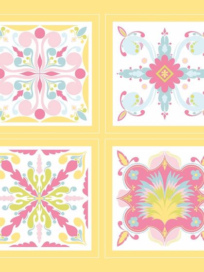 A set of 'Pavé Pop' tiles against a sunny yellow background. These patterns are designed to be cheerful and uplifting, perfect for summer fashion or bright home accessories.