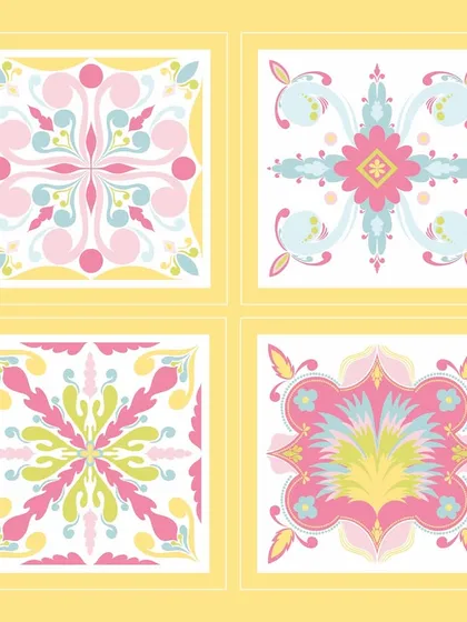 A set of 'Pavé Pop' tiles against a sunny yellow background. These patterns are designed to be cheerful and uplifting, perfect for summer fashion or bright home accessories.