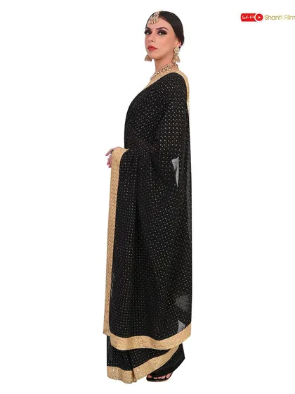 A static side view of the saree, providing a clean look at the garment's length and the consistent pattern. This is a standard shot for catalogue consistency.
