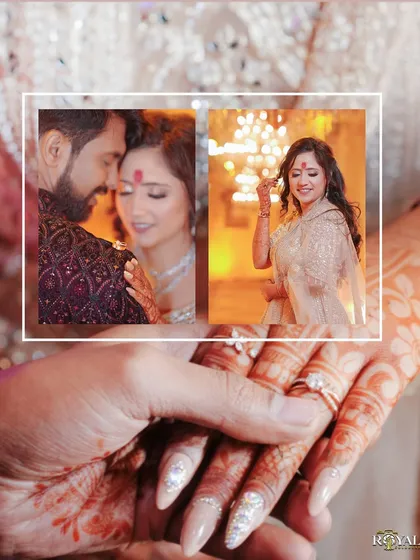 A collage highlighting the details of an engagement, from the couple's intimate portraits to the close-up of their hands and rings.