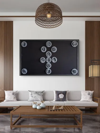 My art is made to transform a space and give it meaning. Here, the 'Ankh' from my Cutting Edge series brings a sense of life and history into a modern living room, blending ancient symbolism with minimalist design.