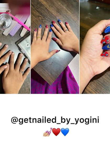 This collage shows the complete process from start to finish. From the natural nails to the final look with red and blue gel polish and 3D art, it's a full transformation.