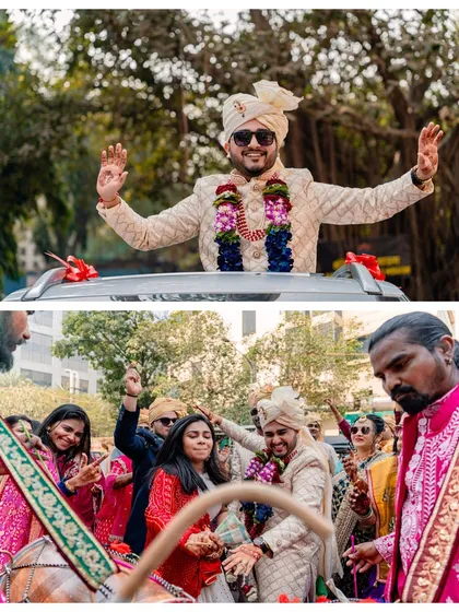The groom's grand entrance on top of a car during his baraat, waving to everyone with a huge smile. A moment of pure excitement and joy.