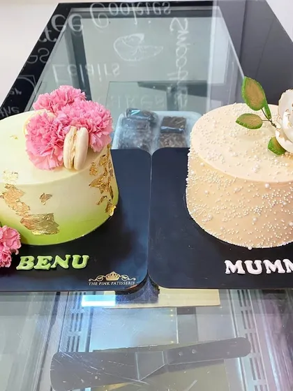 Two beautiful mini cakes, one with pink carnations and another with a large sugar peony, showing different floral design options.