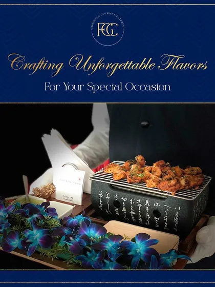 A close-up of our grilled appetizers, beautifully arranged on a tray with vibrant blue and purple orchids, showcasing our commitment to crafting unforgettable flavors.