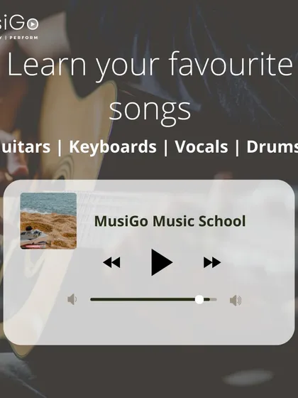 A simple, elegant graphic inviting you to learn your favorite songs on guitar, keyboards, vocals, or drums at MusiGo.