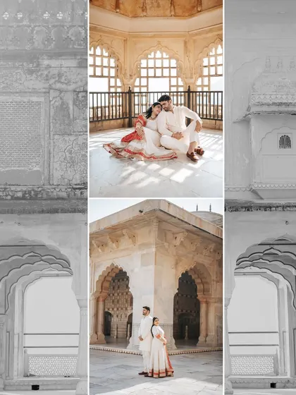 A collage blending color and black and white images to create an artistic summary of a royal heritage photoshoot.