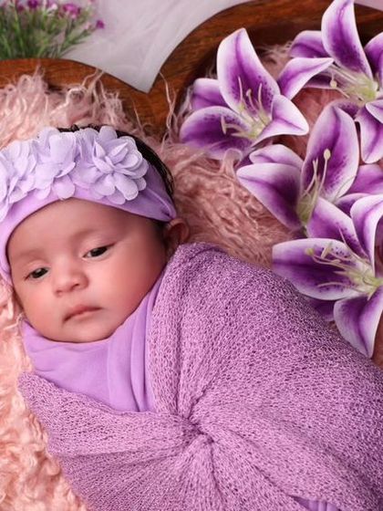 A collage showcasing the beautiful purple-themed newborn session, with the baby sleeping peacefully among the flowers.