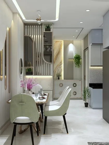 A view of the dining and lobby area, showing how different textures and materials like fluted panels, marble, and mirrors can be layered to create a visually rich and modern interior.