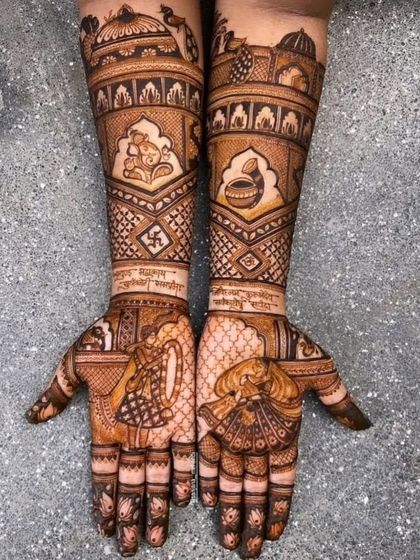 A design featuring a playful scene of a groom chasing a bride on the palms, with Ganesha and a kalash on the arms.
