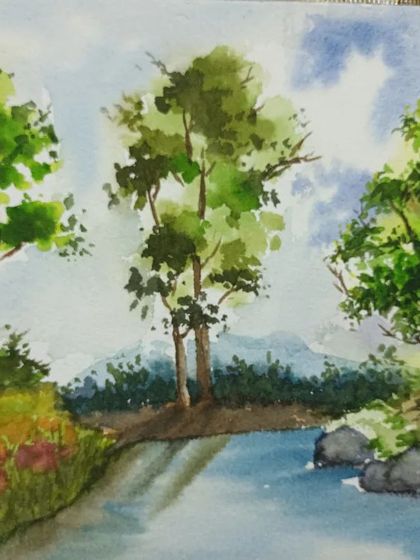 A simple yet beautiful watercolour landscape focusing on different types of trees. This is a great exercise for beginners to practice foliage techniques.