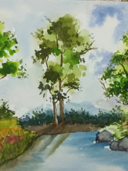 A simple yet beautiful watercolour landscape focusing on different types of trees. This is a great exercise for beginners to practice foliage techniques.