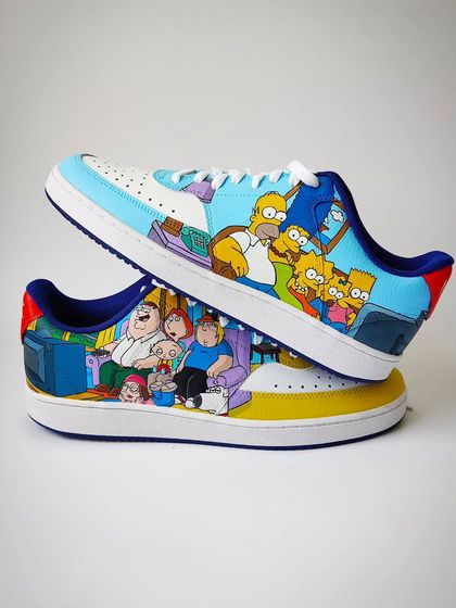A stacked view of the Simpsons x Family Guy custom sneakers. The different colour schemes for each show, blue for Simpsons and yellow for Family Guy, create a cool contrast.
