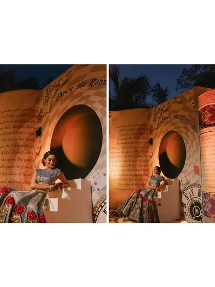 Down the rabbit hole! This photo backdrop, designed as a giant open storybook, provided a unique and interactive spot for the bride and guests to capture memories of this fantastical Mehndi night.