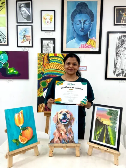 This student's oil paintings show a fantastic progression in skill, from a still life to a portrait of a dog.