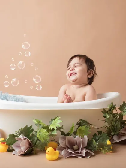 Pure joy in a bubble bath! This sitter session shot is all about capturing the simple, happy moments of babyhood.