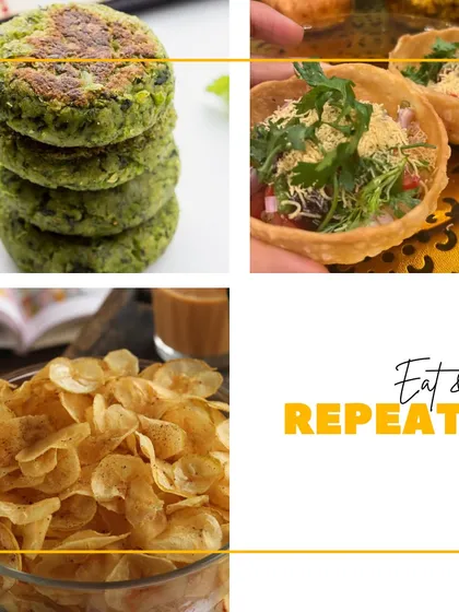 A collage of our savoury bestsellers. It features our Hara Bhara Kabab, Aloo Katori Chaat, and crispy Banana Chips, perfect for any time you want to eat and repeat.