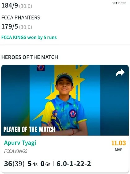 The scorecard from the Junior ODI Cup, highlighting the heroes of the match.