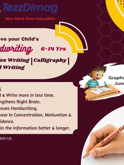 An infographic on how our handwriting classes, including cursive and speed writing, can improve a child's concentration, motivation, and confidence.