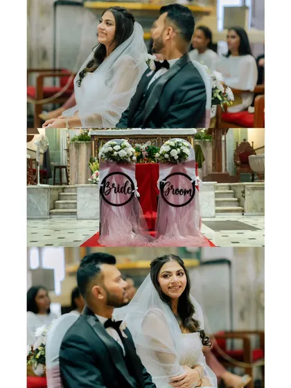 A collage from a church ceremony, showing the couple at the altar and the sweet "Bride" and "Groom" signs on their chairs.