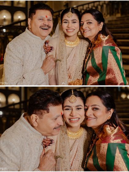A beautiful, happy portrait of the bride with her proud and smiling parents.