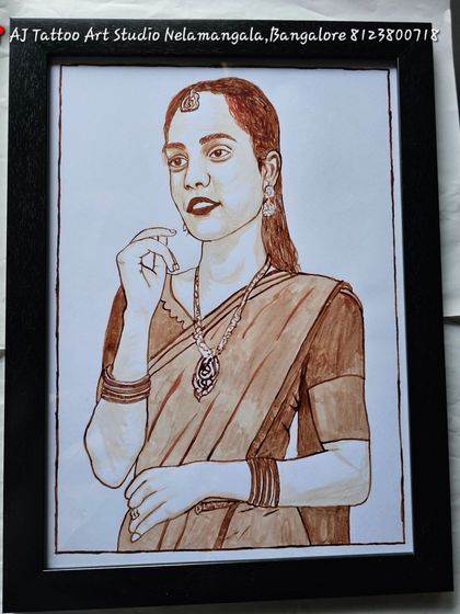 A striking blood portrait of a woman in traditional attire. The detail in her jewelry and clothing is carefully rendered in the unique monochrome palette of blood art.